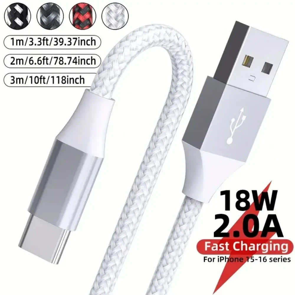 USB-A to USB-C Fast Charging Nylon Cable 1M 2M 3M | Samsung iPhone