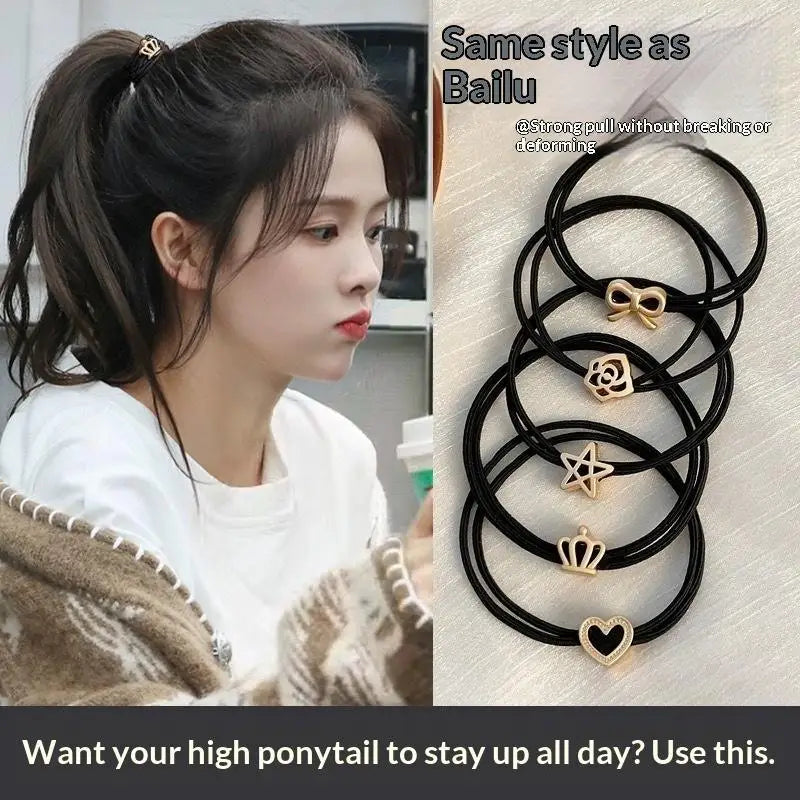 Alloy Charm Elastic Hair Ties 5/10 Pcs – Heart Flower Pentagram