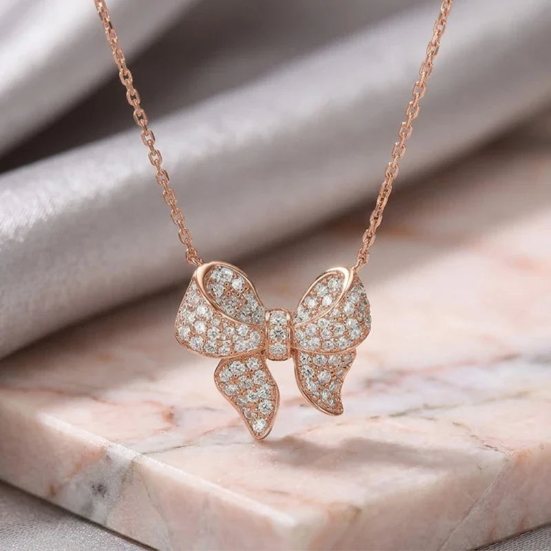 Huitan Dainty Bow Pendant Necklace | Cubic Zirconia Women