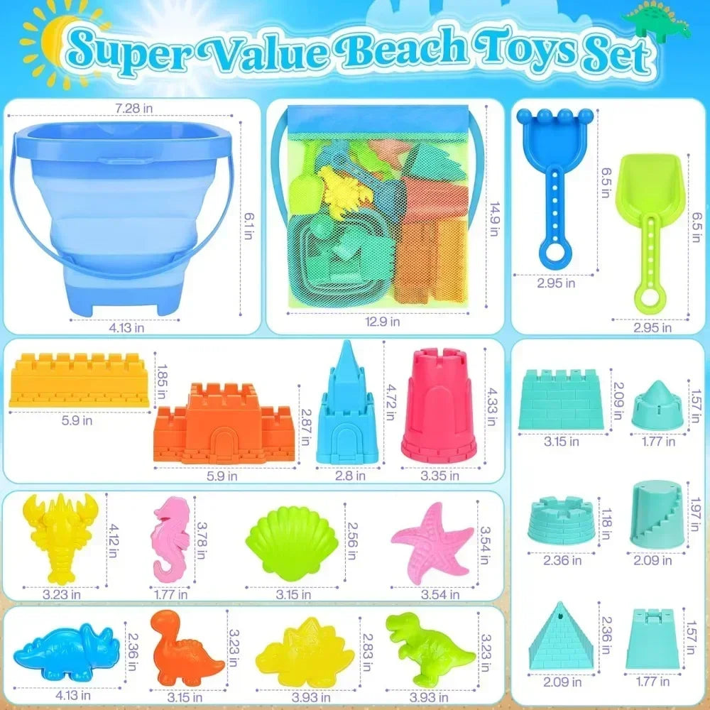 22-Piece Kids Collapsible Beach Toy Set – Sand Bucket & Molds