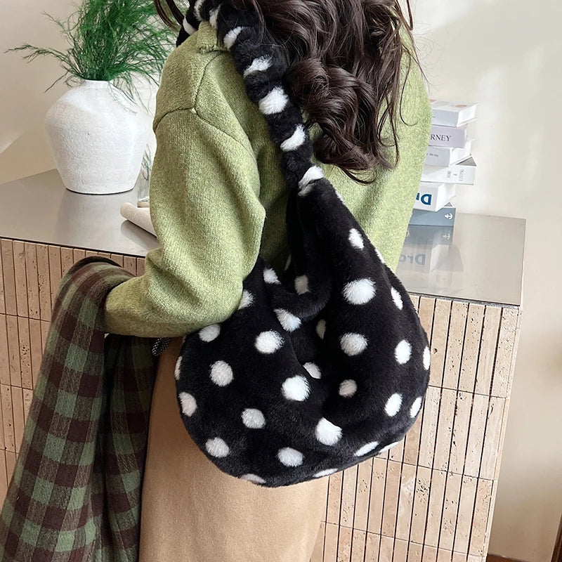 Korean Faux Fur Polka Dot Crossbody Tote Bag for Women