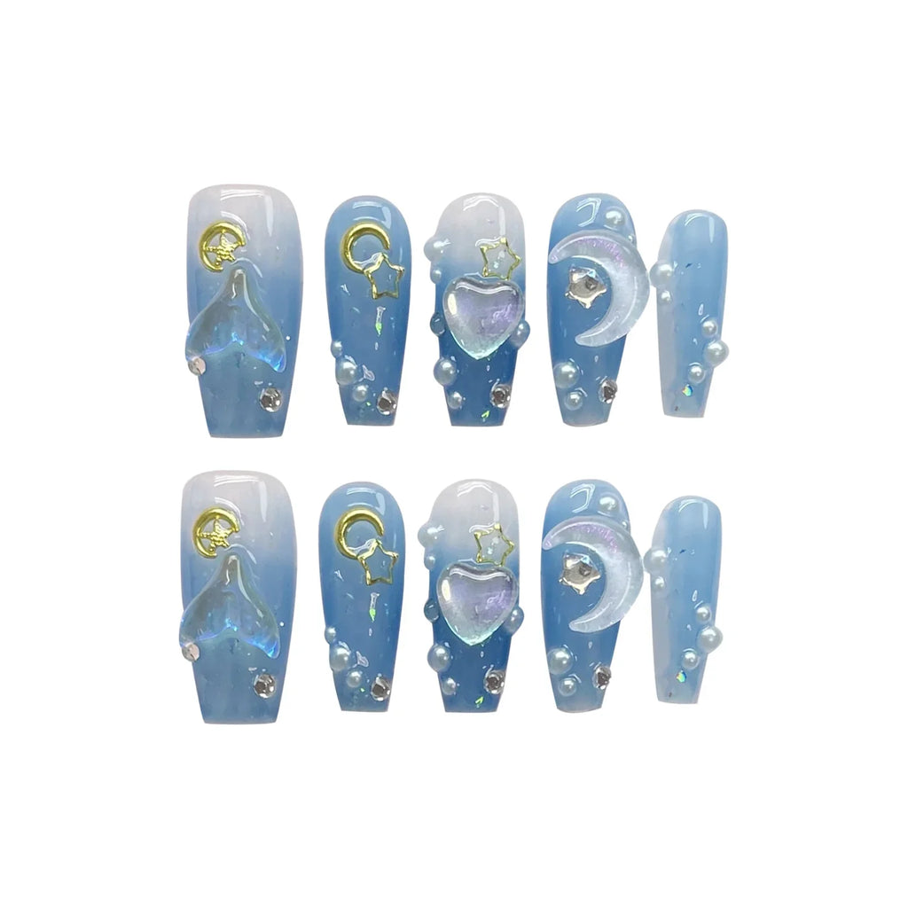 3D Star Moon Press On Nails – Gradient Blue Fairy Style