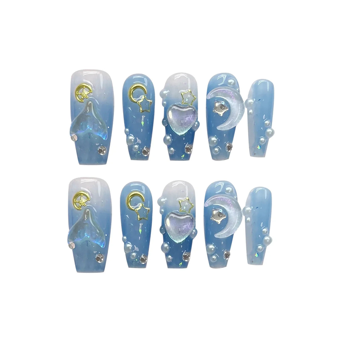 3D Star Moon Press On Nails – Gradient Blue Fairy Style