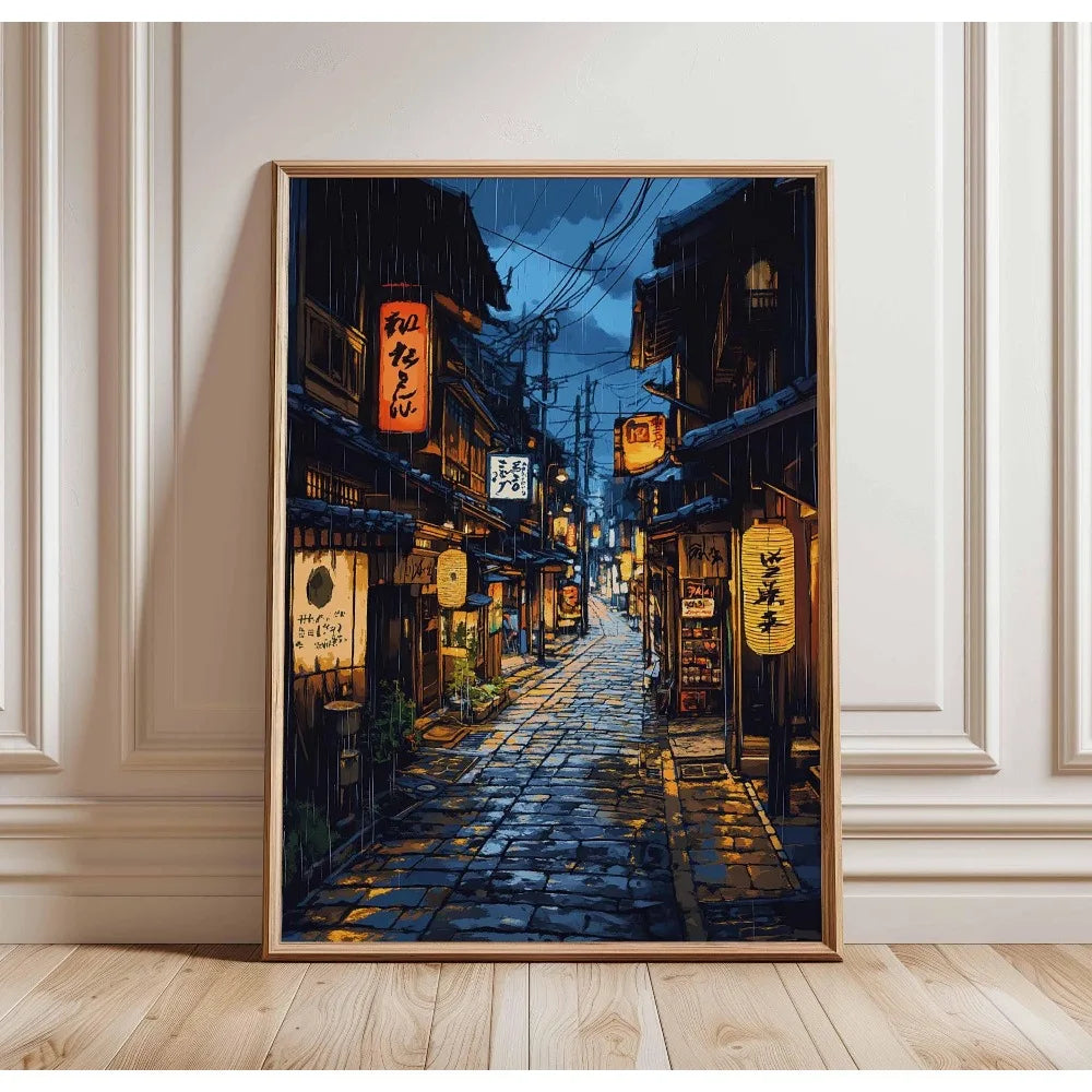 Retro Japanese City Rain Canvas Wall Art Poster | Frameless