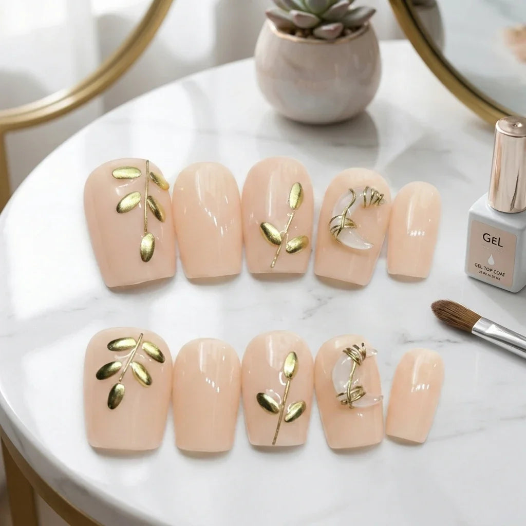 Nude Press On Nails Gold-Leaf Design | Short Fake Nails 10pcs