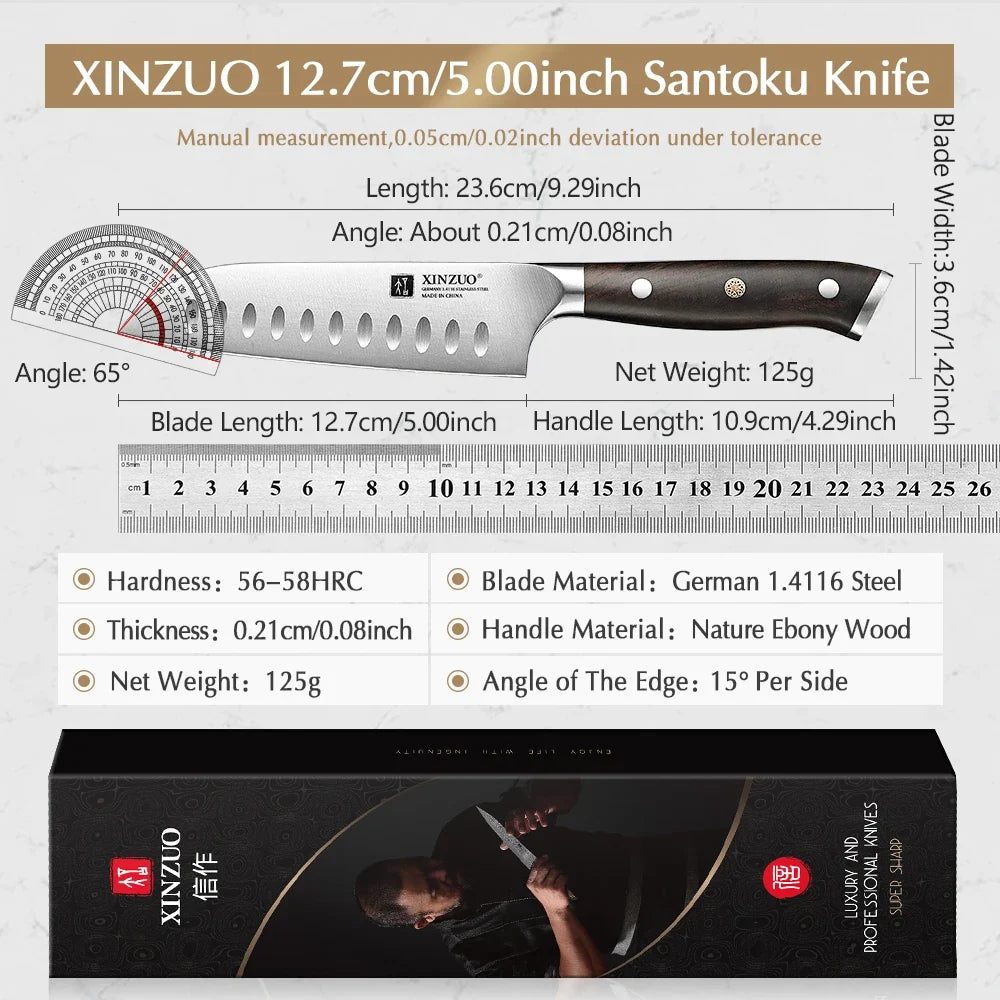 XINZUO 5-Inch Santoku Knife | German DIN 1.4116 Steel & Ebony Handle