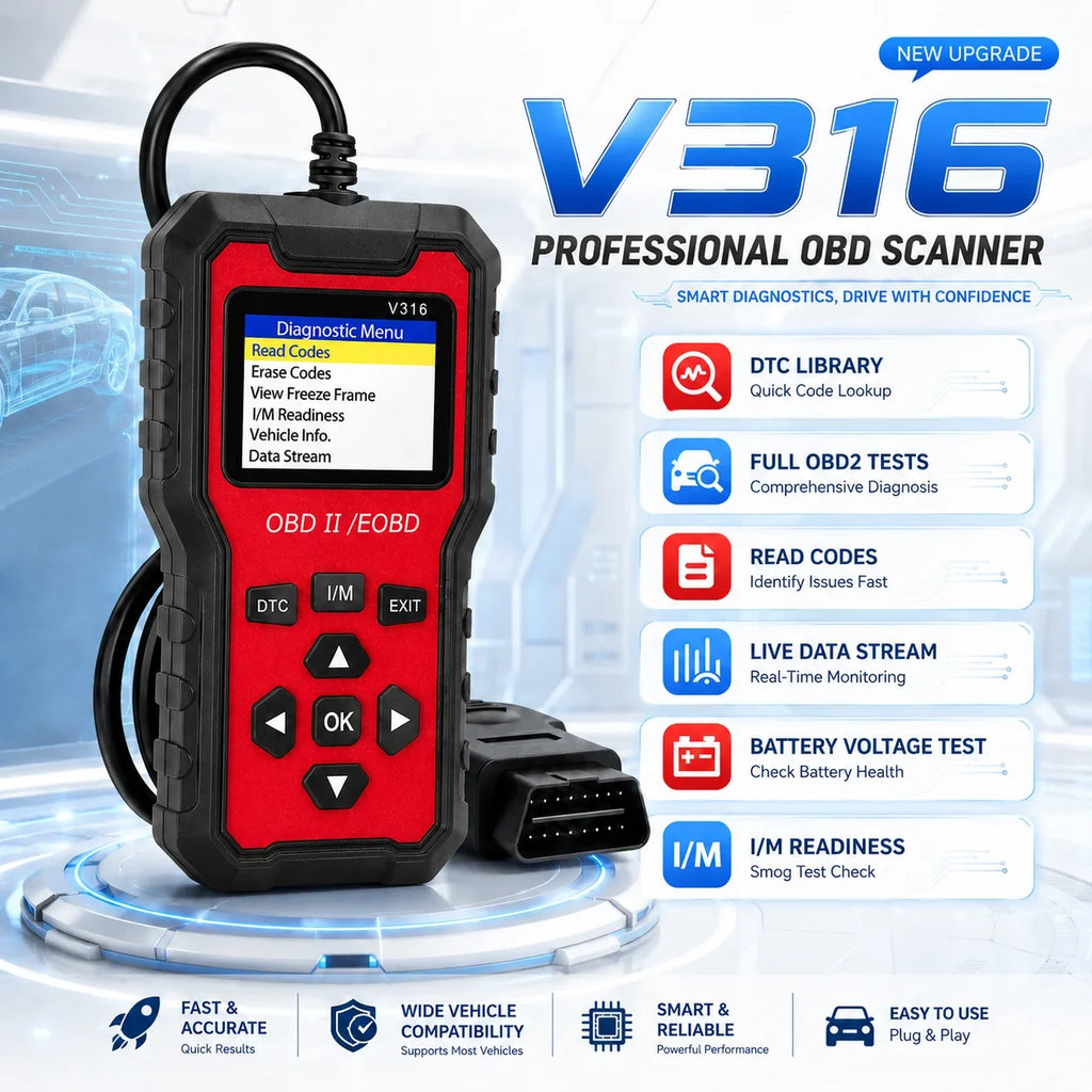 V316 OBD2 Scanner – Engine Code Reader & Battery Tester