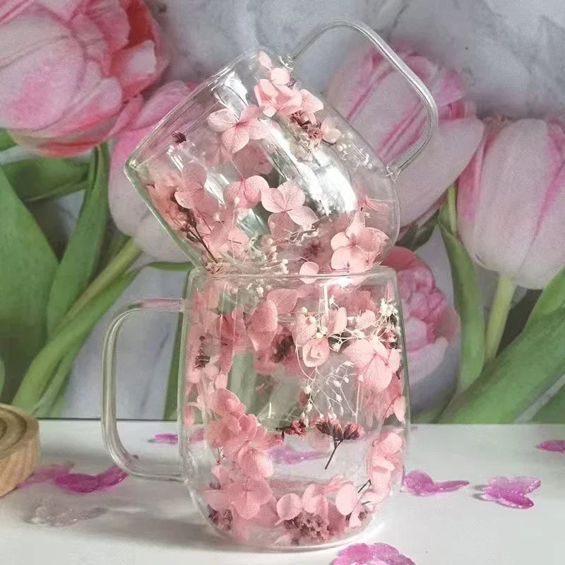 Double-Walled Glass Coffee Mug with Real Flower Design