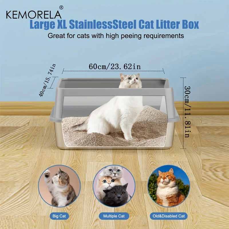 KEMORELA XL Stainless Steel Cat Litter Box with Lid & Scoop