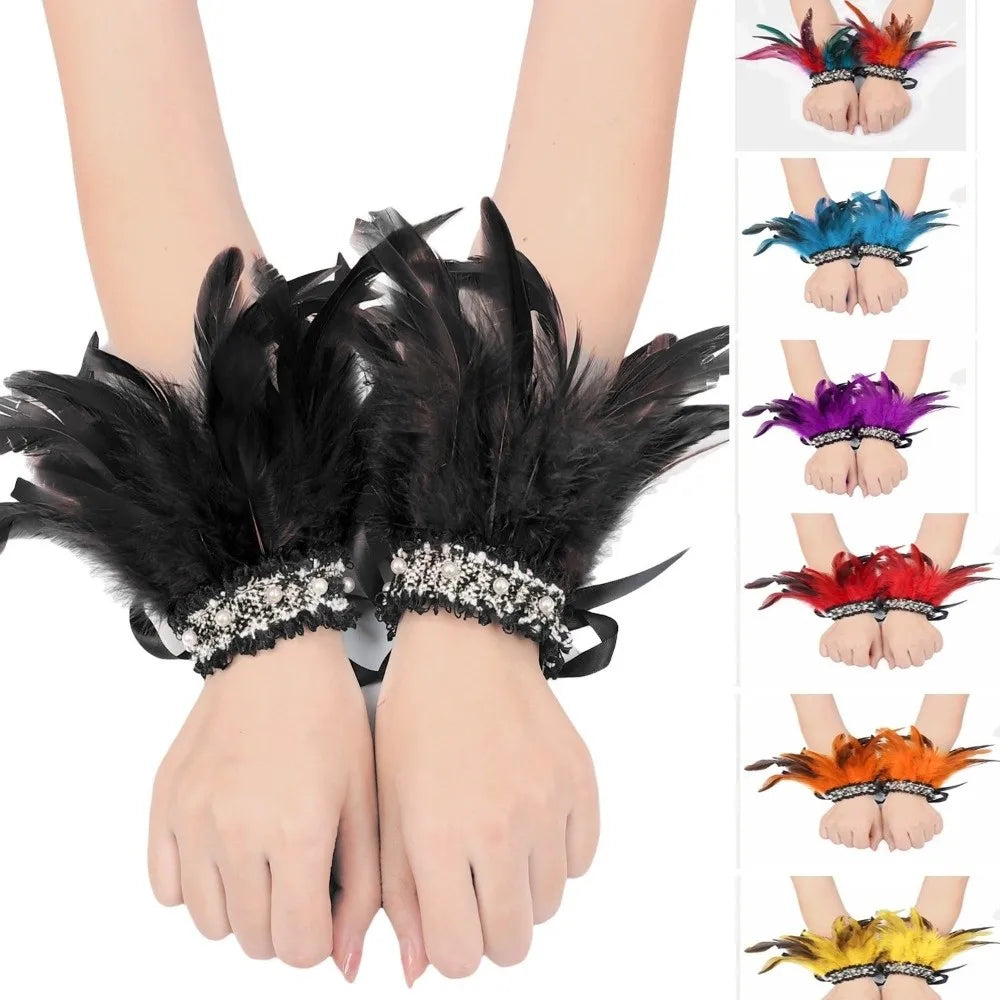 Feather Wrist Cuffs – Lace Pearl Arm Cuffs for Halloween & Carnival