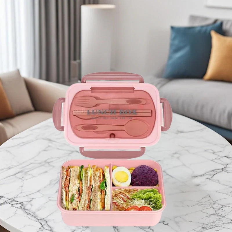3-Compartment Bento Lunch Box with Built-In Utensils