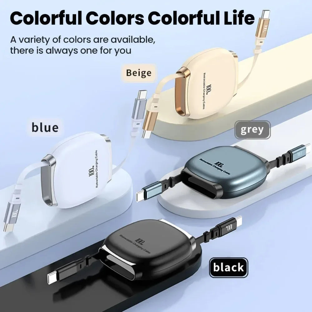 100W Retractable USB-C to USB-C Fast Charging Cable – 1M