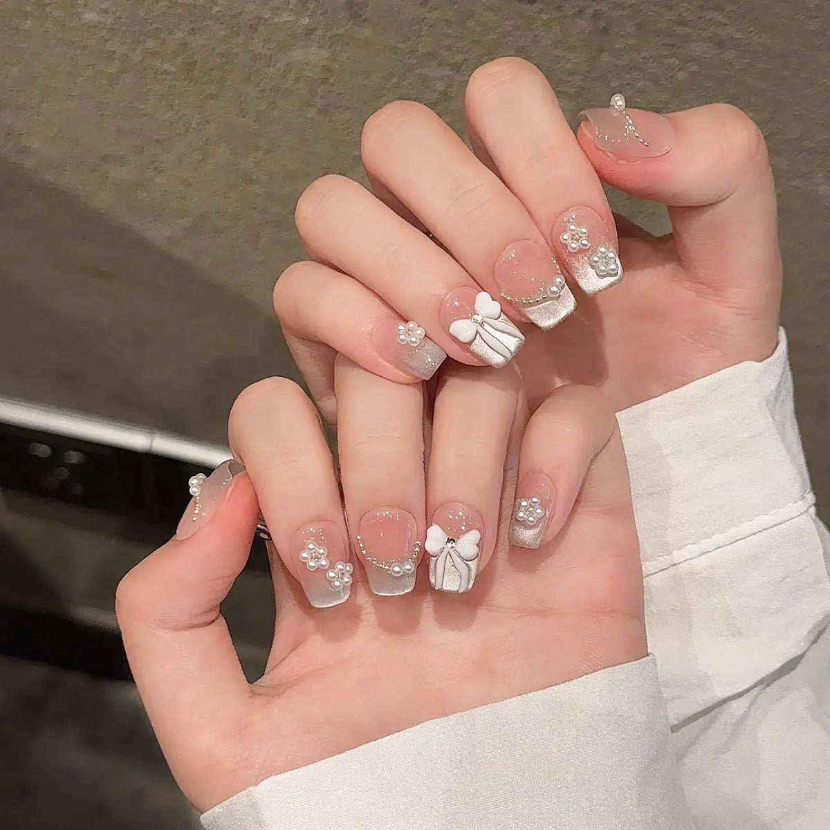 Black Bowknot Press-On Nails | Rhinestone French Short Fake Nails