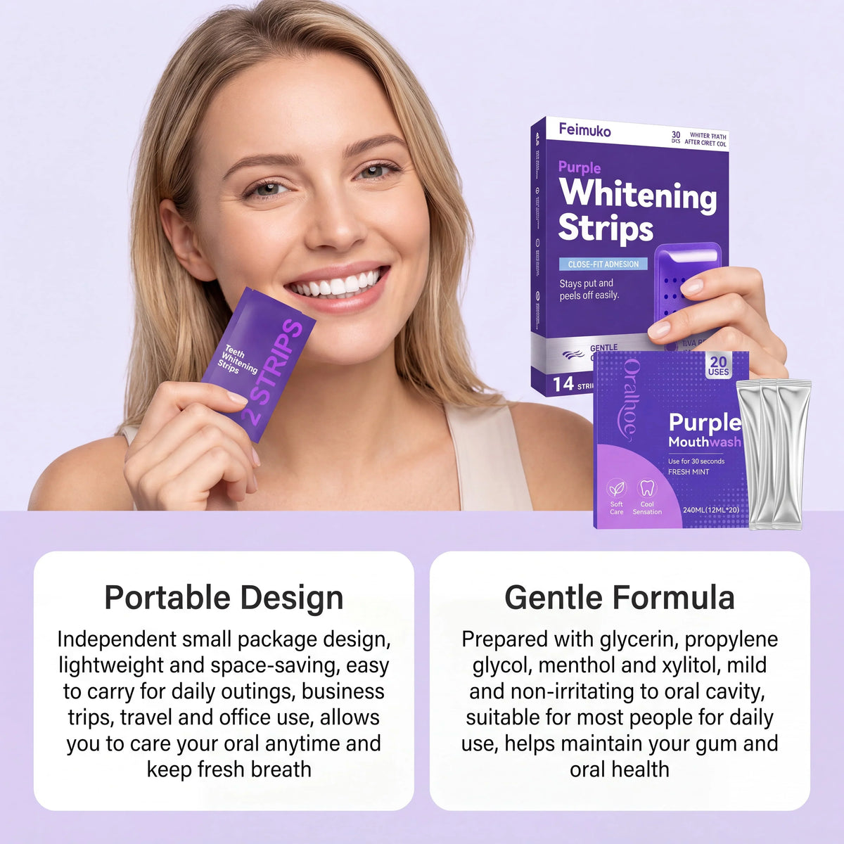 Purple Teeth Brightening Strips & Mouthwash Dental Kit
