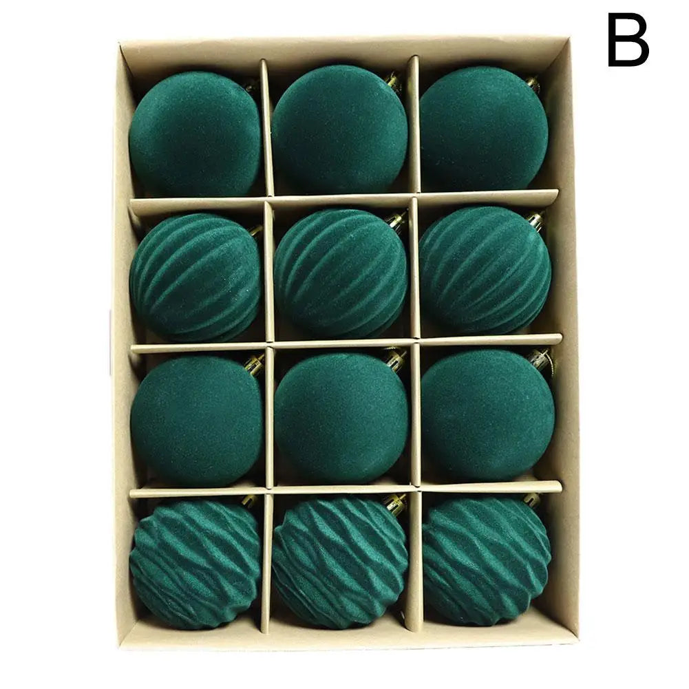 Velvet Flocked Christmas Ball Ornaments 12pcs – Green & Red
