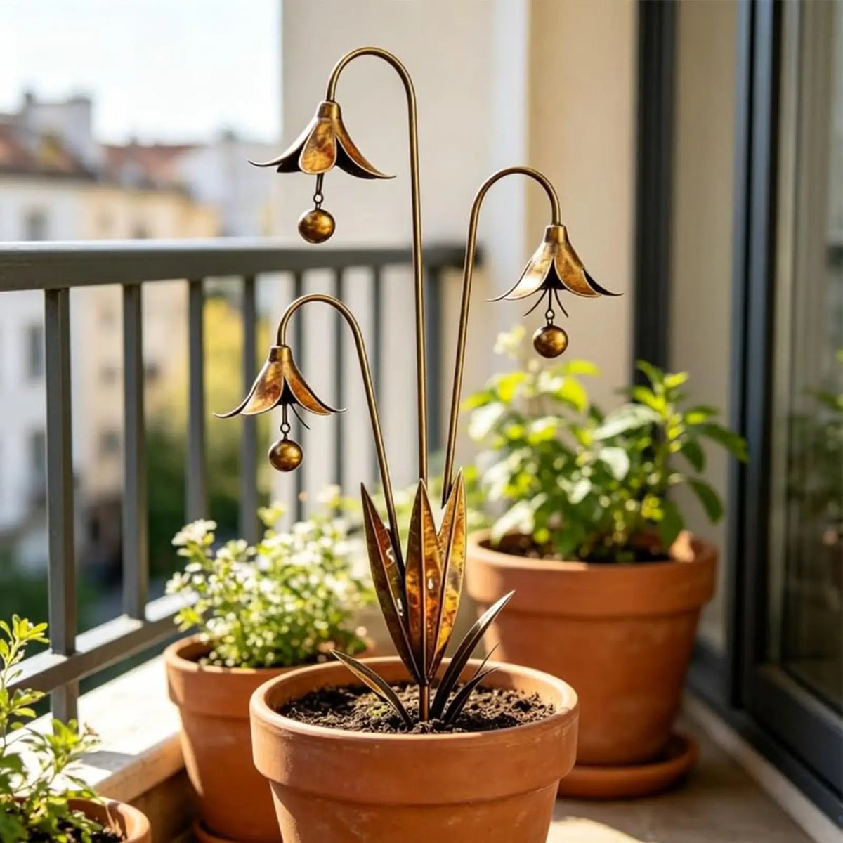 Metal Flower Garden Stake with Bell | Decorative Yard Lawn Art