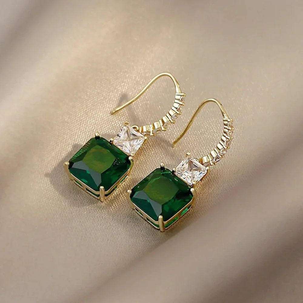 Huitan Green CZ Gold Drop Earrings – Geometric Fashion Jewelry