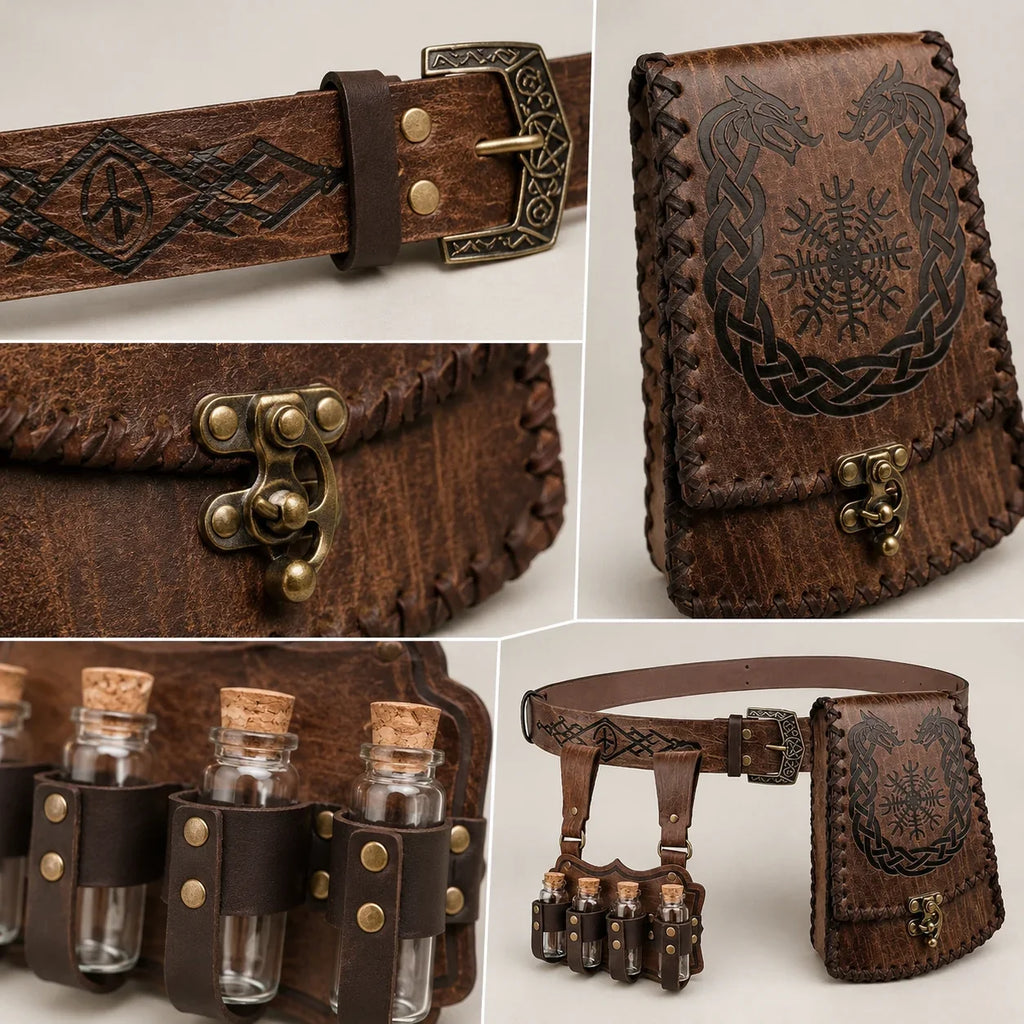 Medieval Viking Leather Belt Pouch Potion Holders Adjustable Waist