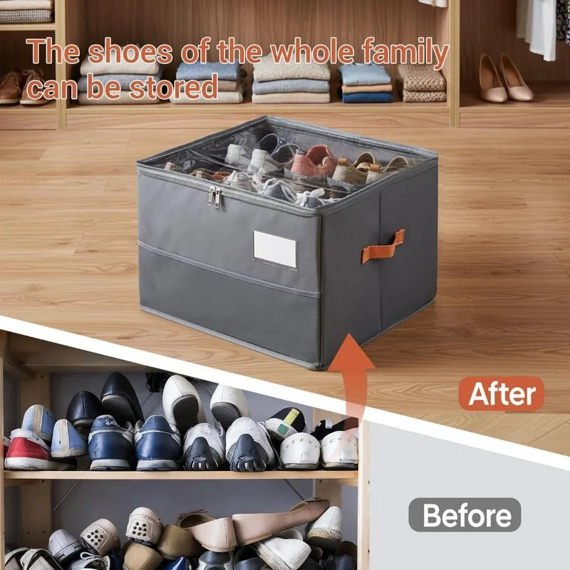 12-Grid Foldable Shoe Organizer Clear Window Handle Collapsible