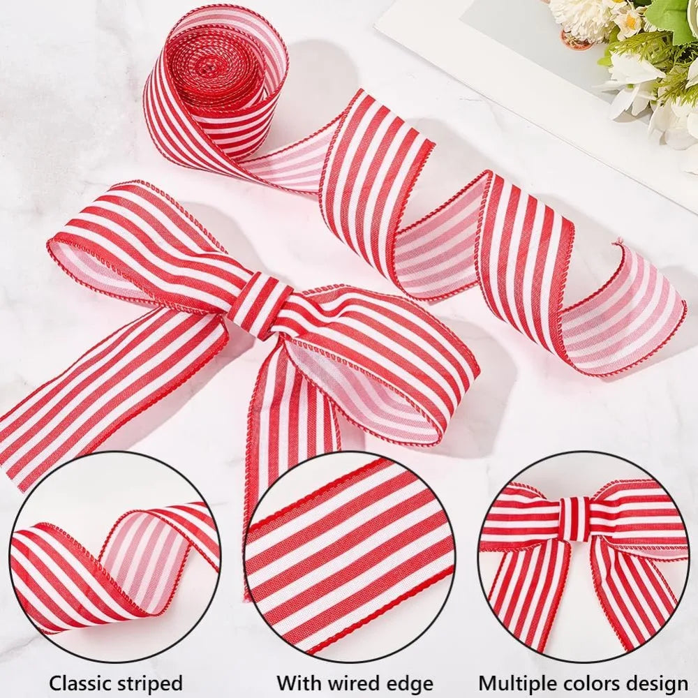 Red & White Striped Wired Ribbon 2" Wide – 10.94 Yards Total