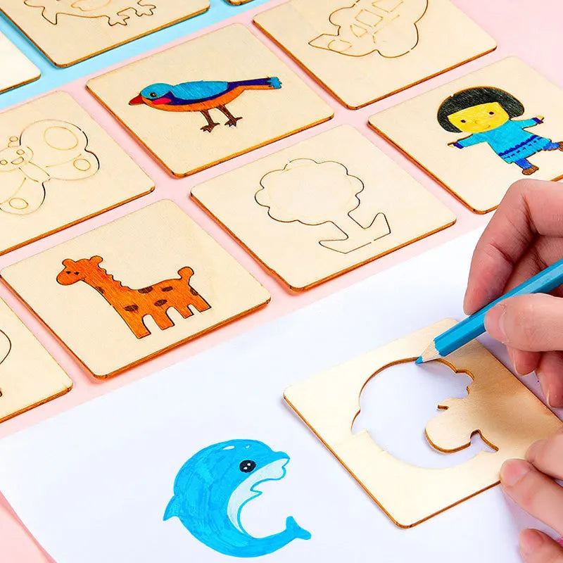 Wooden DIY Painting Stencils Kids Tools Doodle Educational Gifts Boys