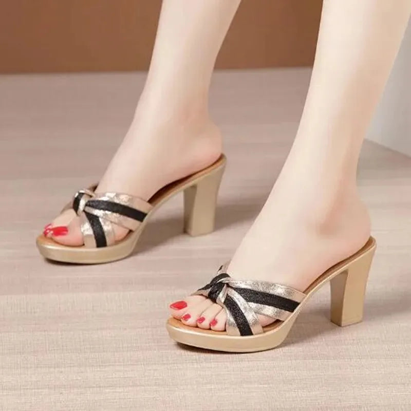 Women's Stripe Bow Block Heel Platform Slides | Summer Slippers