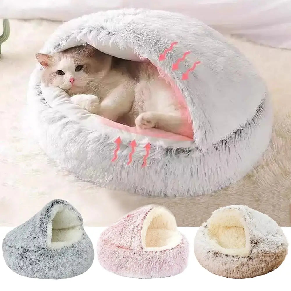 Winter Plush Round Cat Bed – Warm Semi-Enclosed Pet Nest