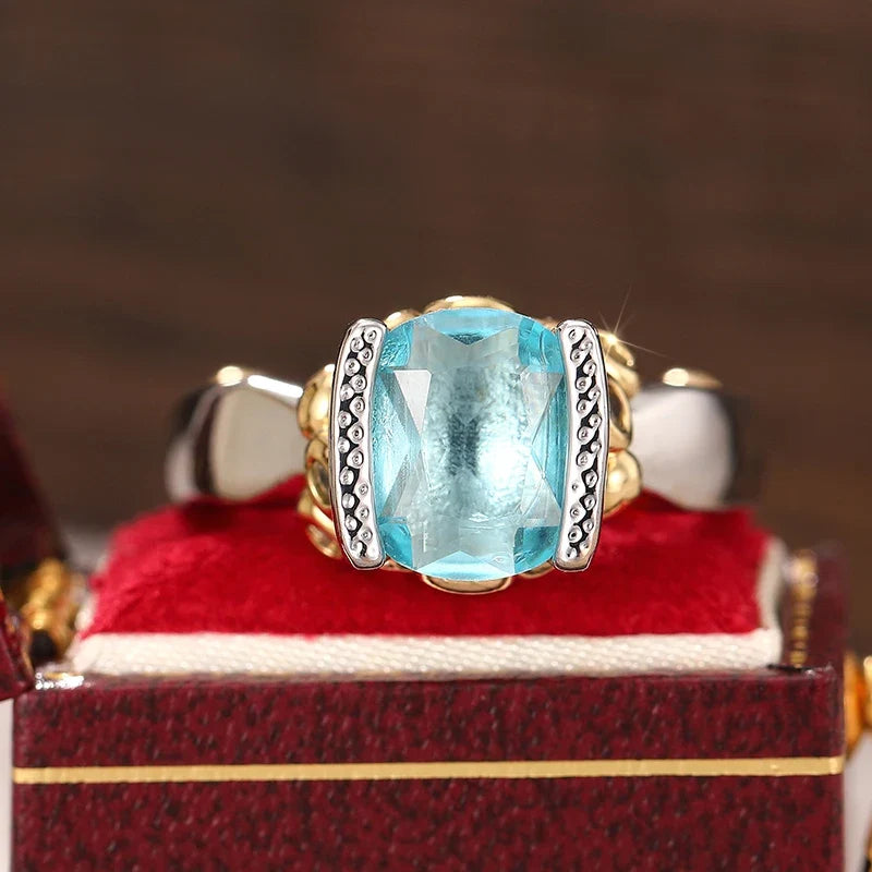 Huitan Blue CZ Two-Tone Triangular Band Ring for Women