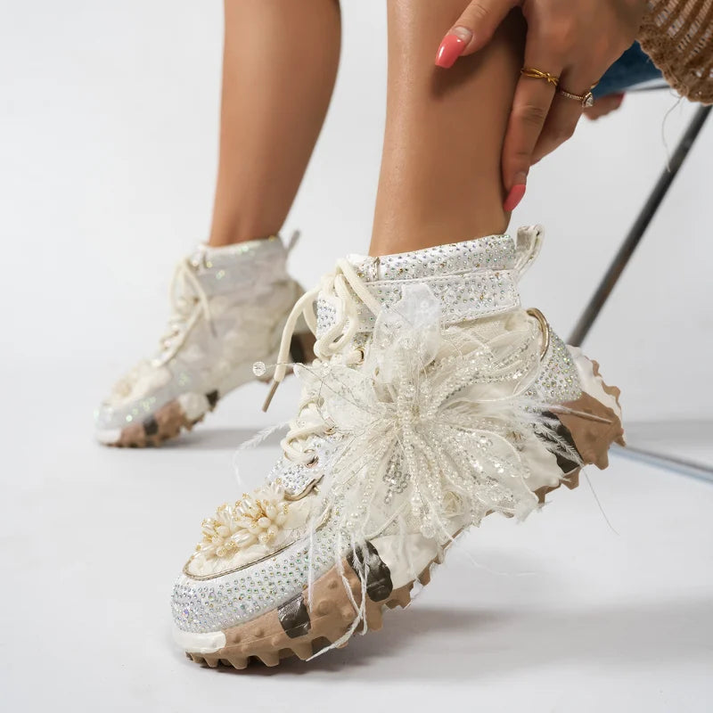 Women's Rhinestone Knitted High-Top Sneaker Boots Thick Sole
