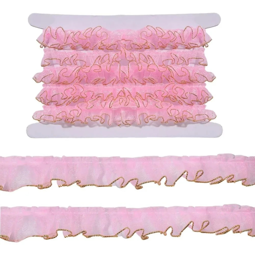 Pink Organza Pleated Ruffle Ribbon 10M | Glitter Trim 19–23mm