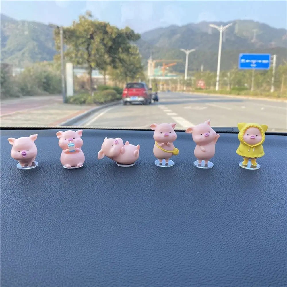 6-Piece Mini Flocked Piggy Car Dashboard Ornament Figures
