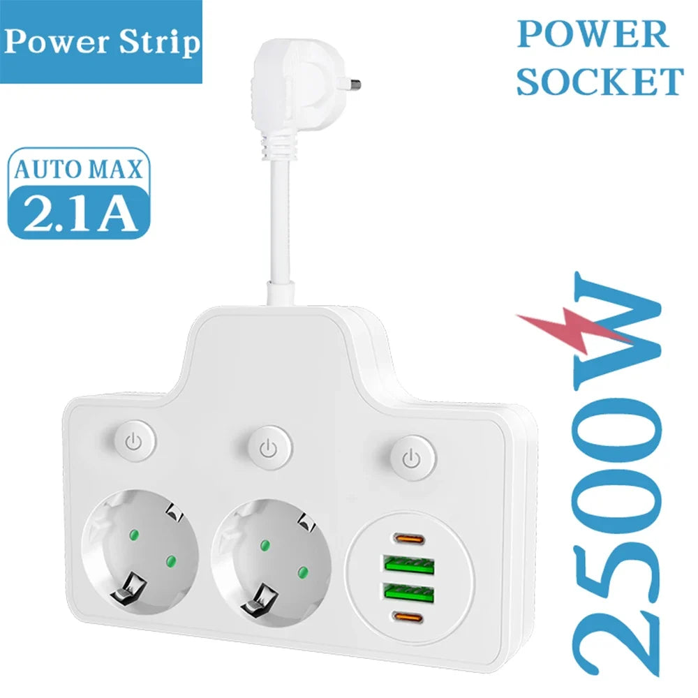 6-in-1 Wall Power Strip – 2 AC Outlets & 4 USB Ports, 2500W