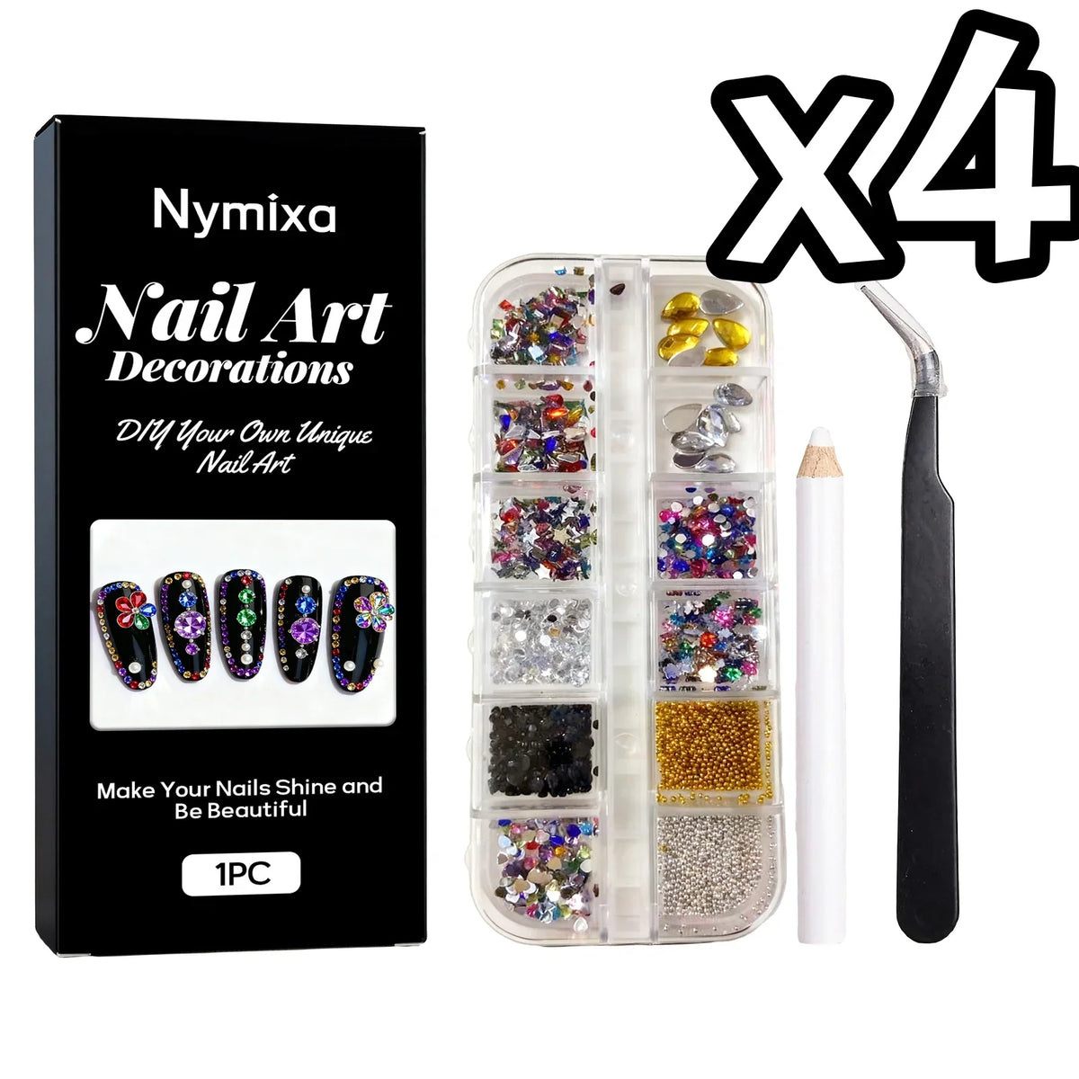 Nymixa DIY Nail Art Kit – 12-Grid Rhinestone & 12-Color Pens
