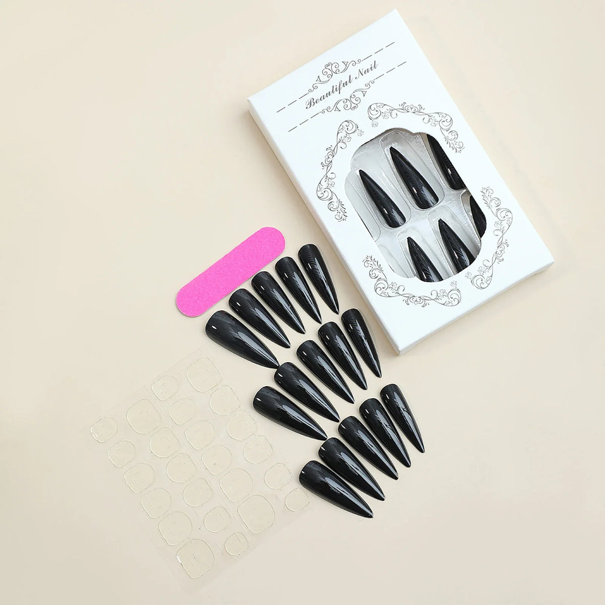 Cool Punk Pointed Tips Fake Nails Classic Solid Gothic Halloween Long