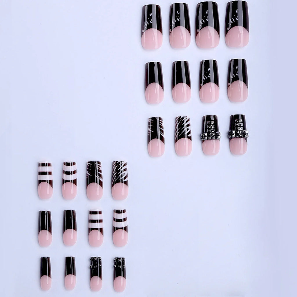 Dark French Square Fake Nails Press Metal Decor Wearable Black Gothic