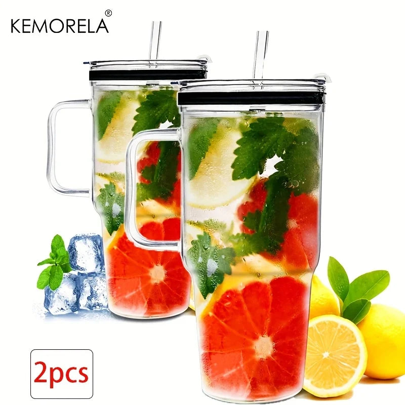KEMORELA 40oz Glass Tumbler with Handle, Lid & Straw | 1–2 Pack