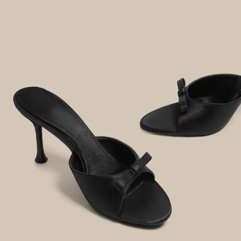 Satin Butterfly-Knot High Heel Slides – Women's Party Sandals