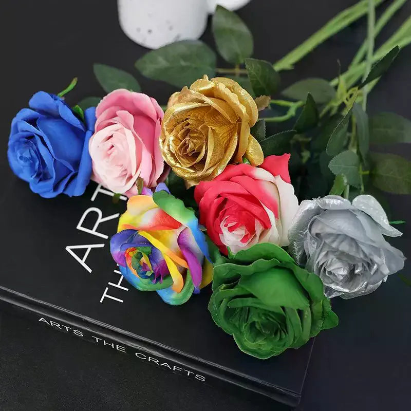 Rainbow Artificial Roses – Realistic Fake Flower Stems, 3pc Set