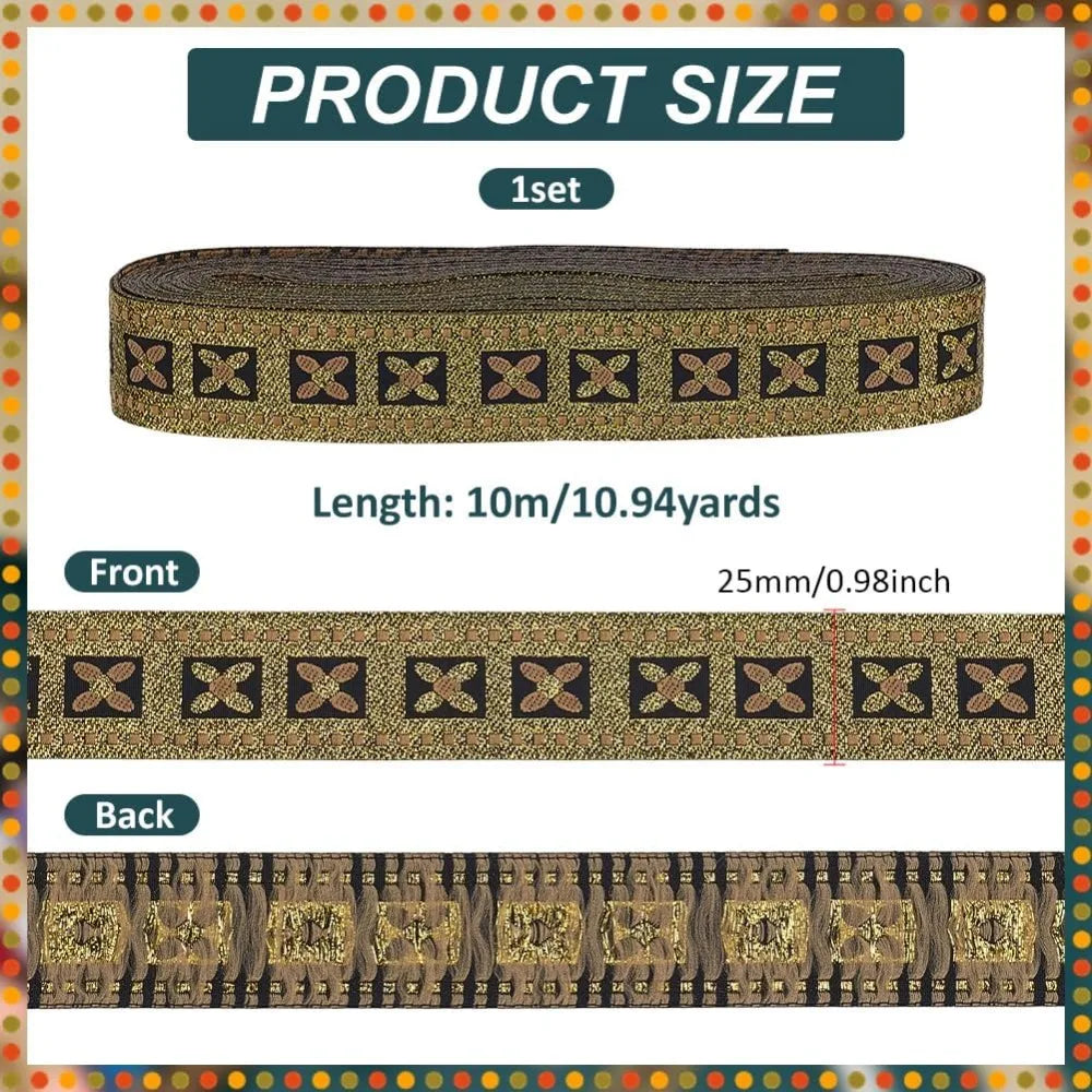 10M Gold Floral Jacquard Ribbon – 1" Ethnic Woven Trim