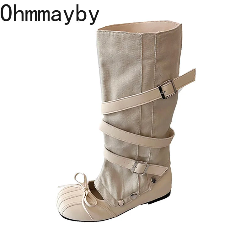Y2K Knee-High Flat Boots – Double Buckle Bow Slip-On Booties