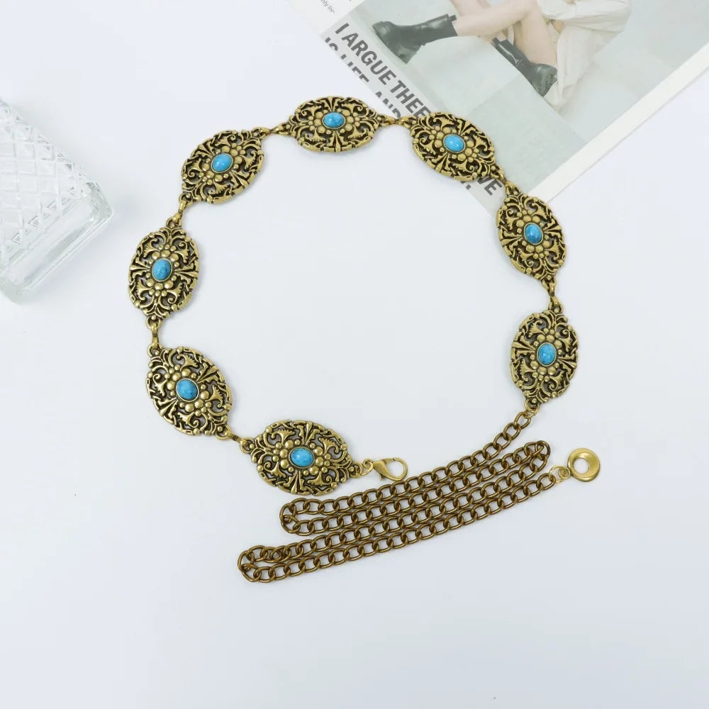 Vintage Ornate Floral Gold Chain Waist Belt Women Bohemian Adjustable