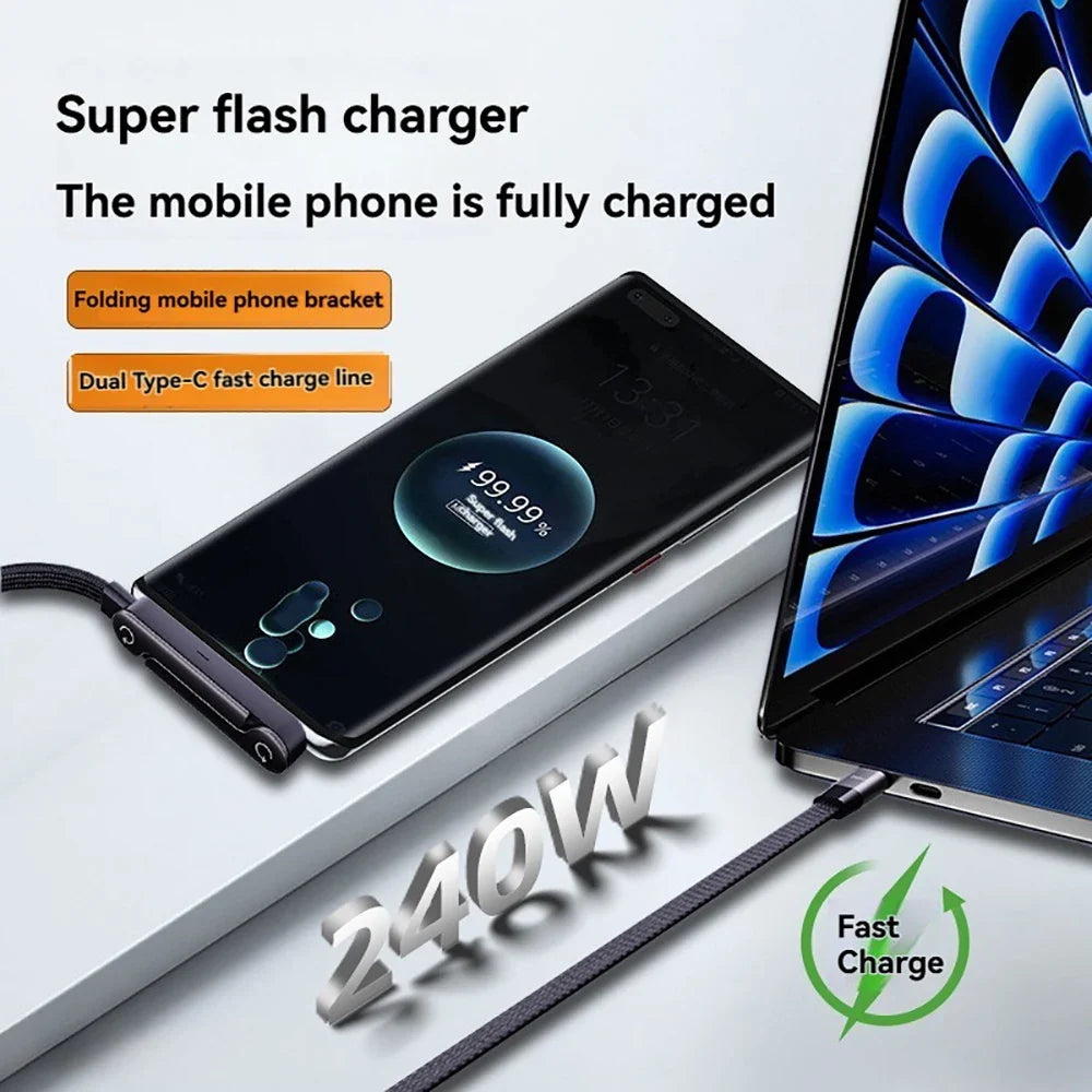 2-in-1 240W USB-C Fast Charging Cable & Foldable Phone Stand