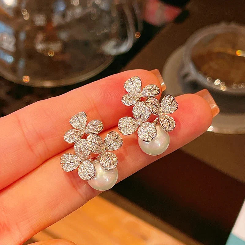 Huitan Flower Drop Earrings – Pearl & Cubic Zirconia Jewelry