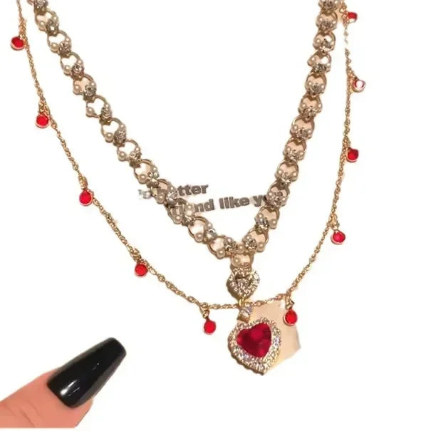 Red Heart Pearl Double-Layer Necklace | Collarbone Chain