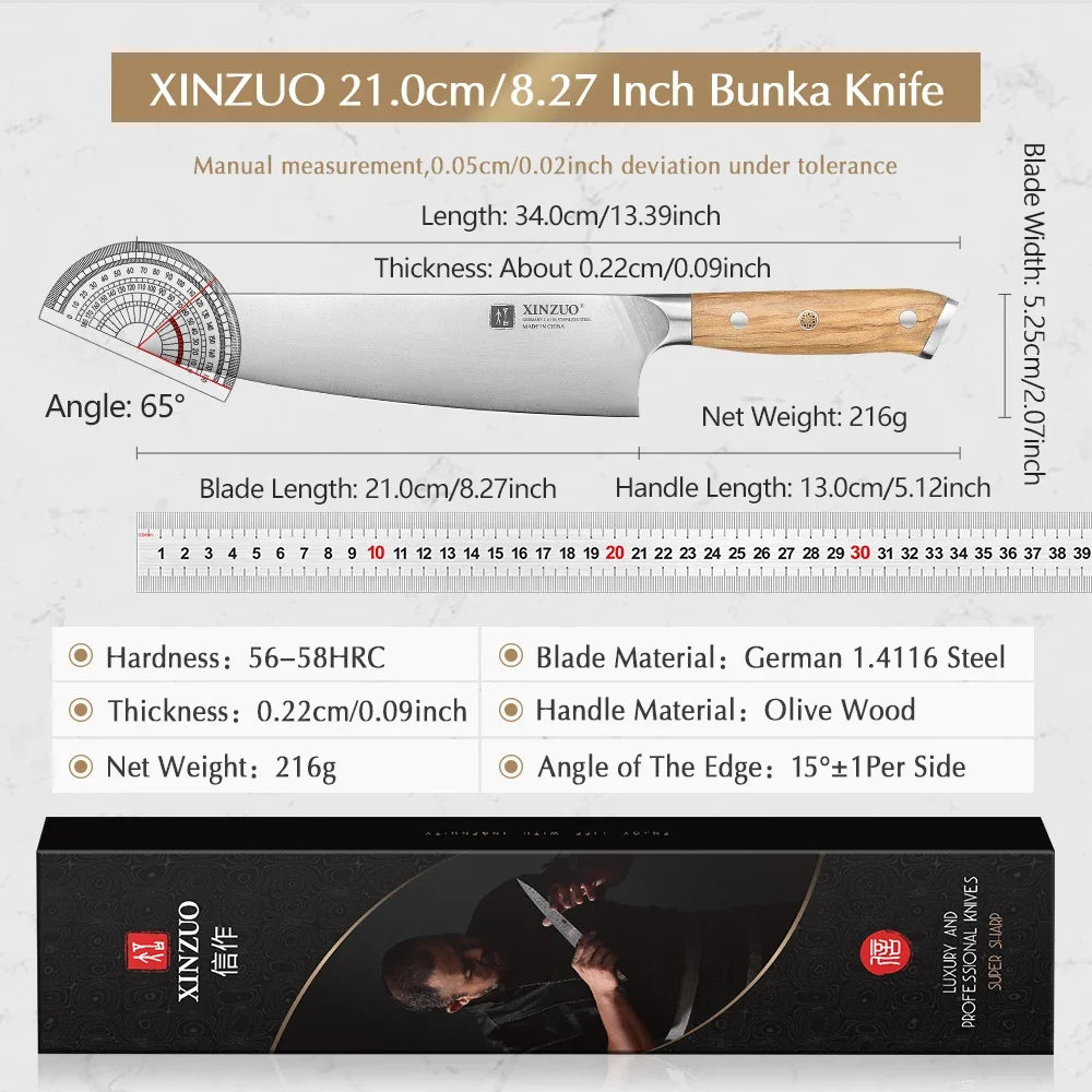 XINZUO 8.27" Bunka Chef Knife – German Steel & Olive Wood