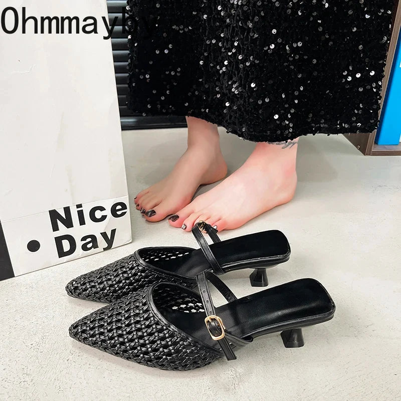 Women's Hollow Weave High Heel Mules – Square Heel Dress Slides