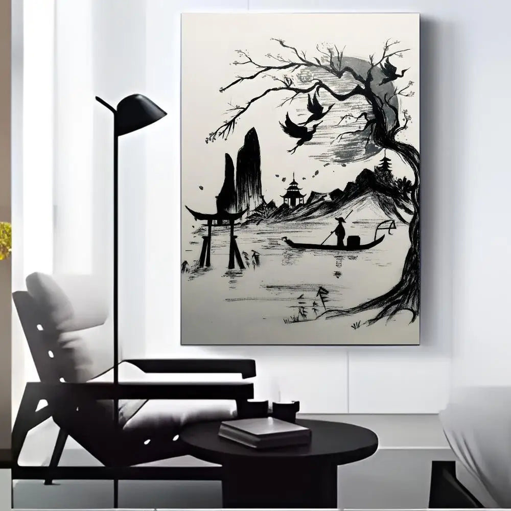 Landscape Ink Calligraphy HD Canvas Wall Art | Home Decor