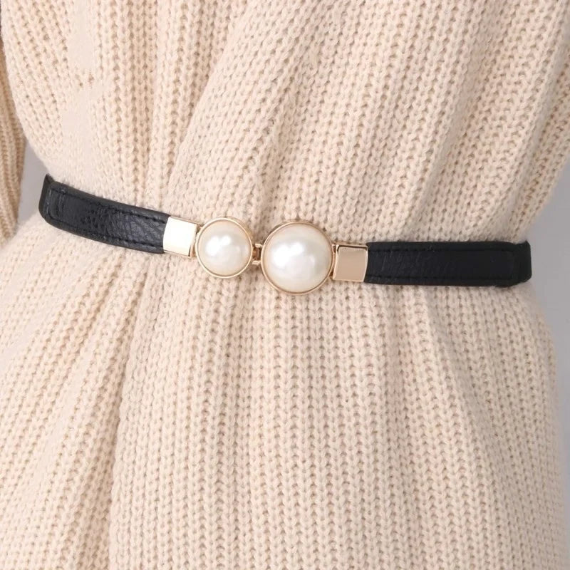 Elegant Double Pearls Buckle Elastic Women Belts Thin Straps Lady