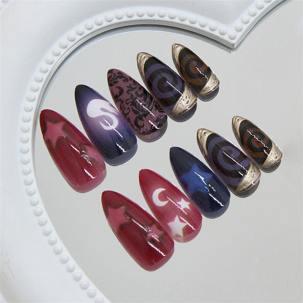 24pcs Star Metallic Press On Nails – Almond Reusable False Nails