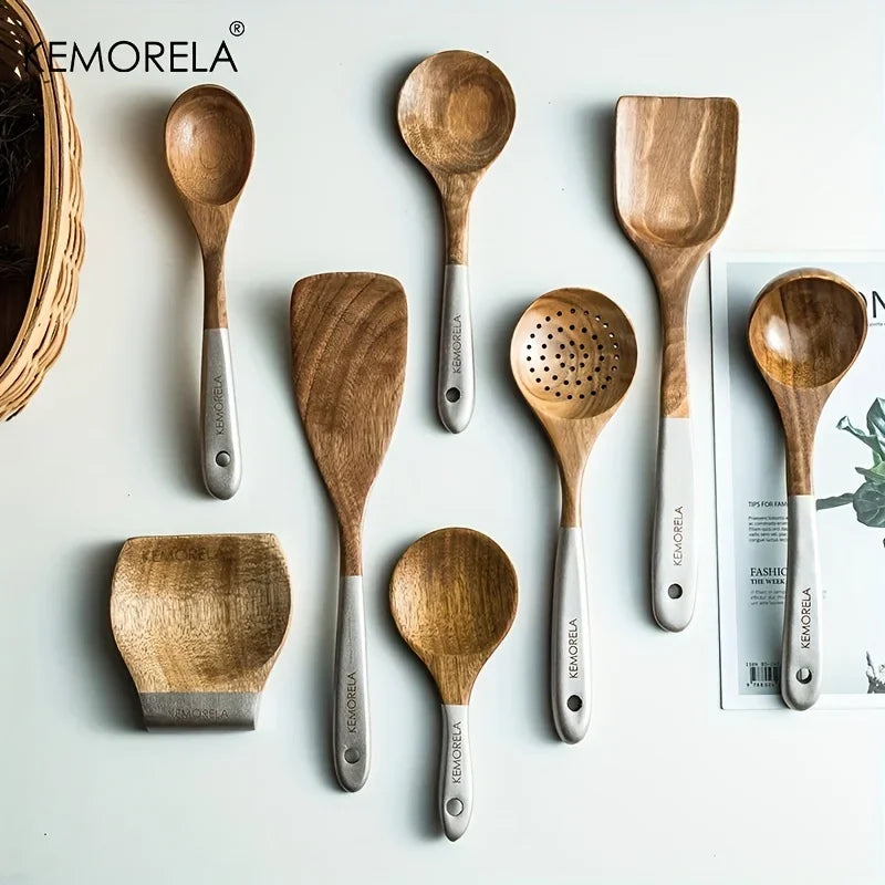 KEMORELA 9-Piece Acacia Wood Cooking Utensils Set with Holder